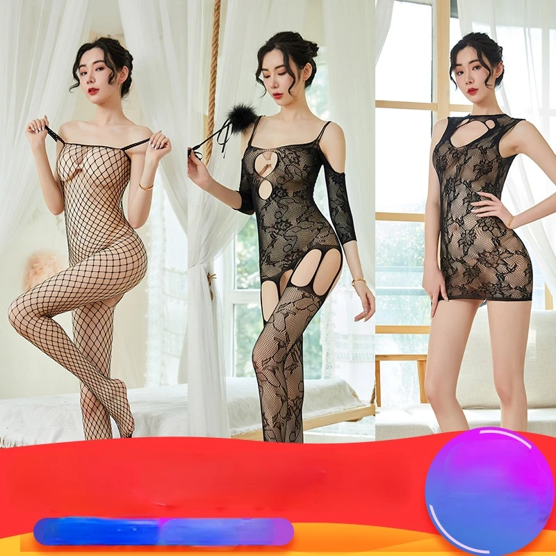 

3-pack erotic lingerie stockings lace sexy uniform temptation one-piece transparent pajamas mesh large size suit