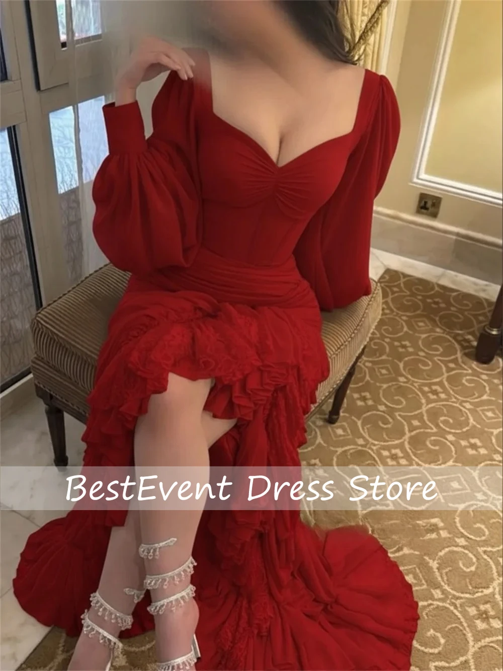 

Customized High Quality Chiffon Pleat Ruched Trumpet Evening Gown V-neck Long Sleeve Bespoke Occasion Prom Dresses for WOmen