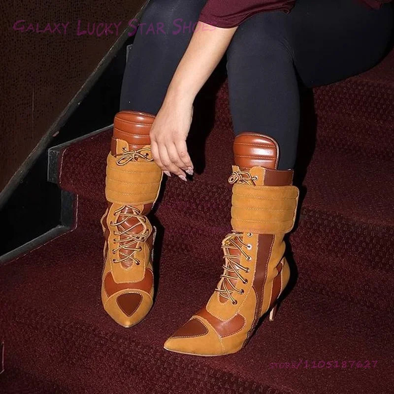

Brown Red Patchwork Calf Boots Suede Leather Women Pointed-Toe Booties Laces Stiletto Heels Cool Outdoor Winter Stiletto Sheos