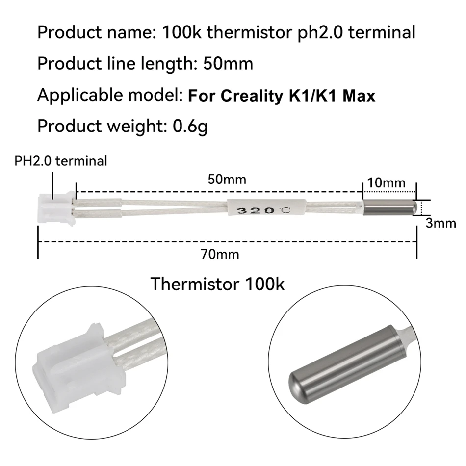 1~10pcs Thermistor Cartridge For Creality K1/K1 Max Ceramic Heating Block Kit, Wholesale K1 Hotend Temperature Sensor