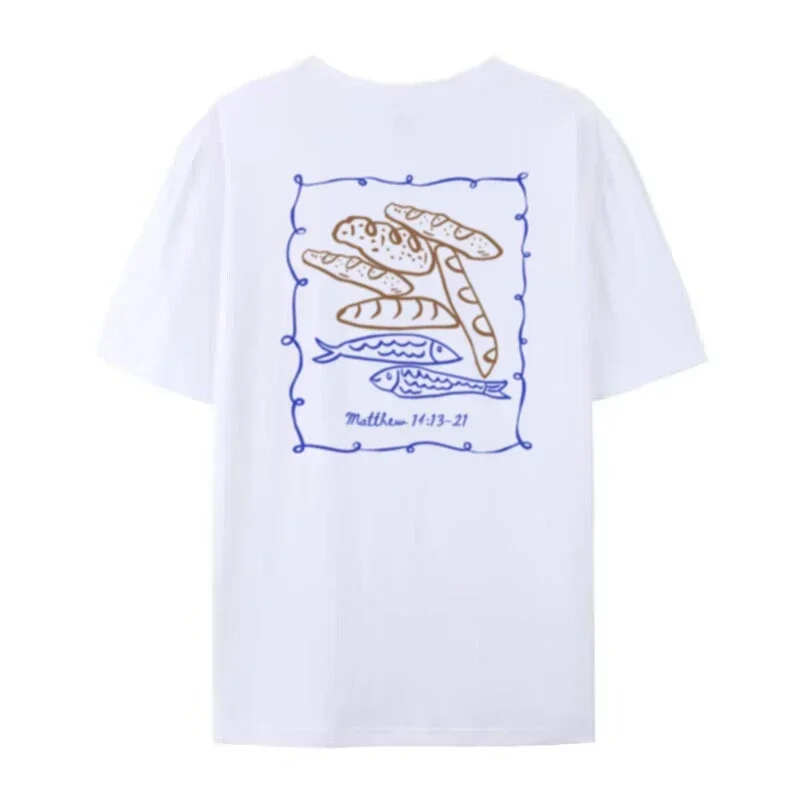 Back Print Vintage Fish Loaves Bible Verse Tshirt Women Tee Cute Jesus Math Tee Shirt Faith Apparel Sleeve Sleeve Top Tee Lady view 2