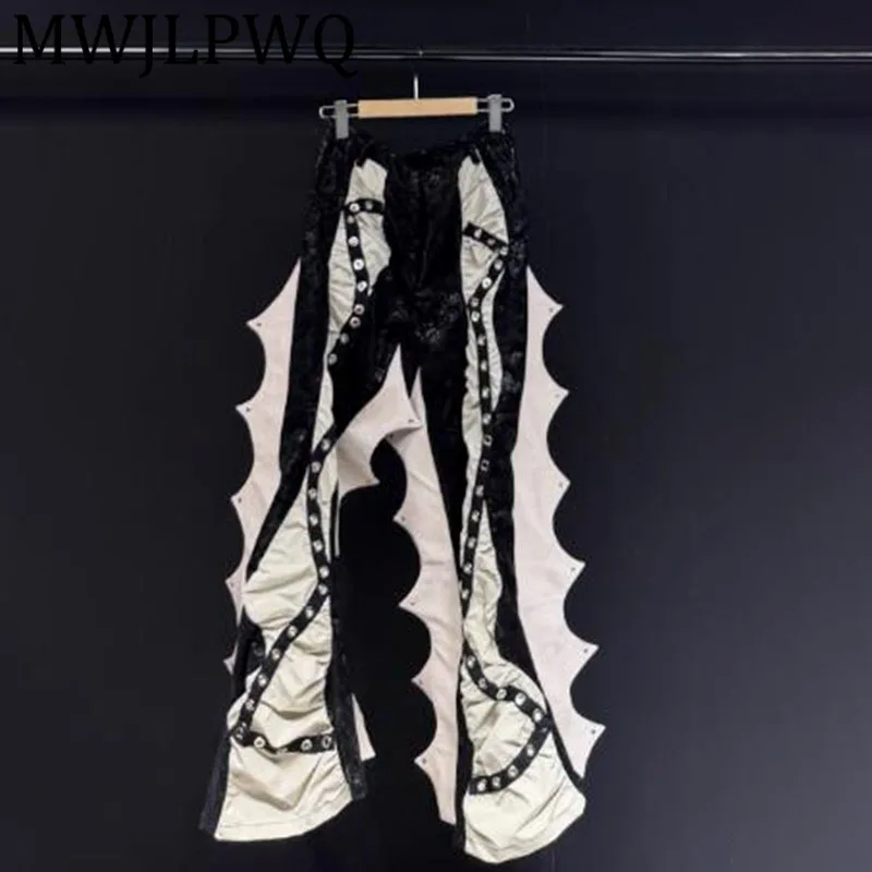 

MWJLPWQ металлический дизайн, черные лоскутные повседневные брюки, мужские уличные брюки 2022, новые свободные расклешенные брюки унисекс, осенний шик 12263