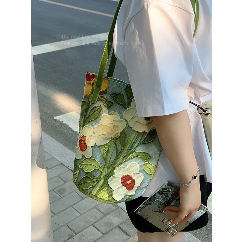 Large Capacity Floral Pattern Bucket Bag Versatile Storage Women Shoulder Bag New Chinese Style Crossbody Bag for Going Out Use
