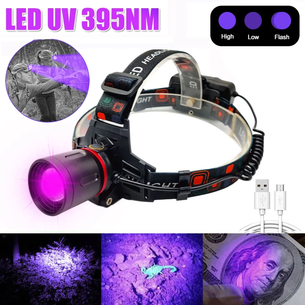 Zielony/czerwony/UV 395nm lampa czołowa Led wodoodporny Zoomable ultrafioletowy reflektor USB latarka czołowa z akumulatorem 3 tryby latarka myśliwska