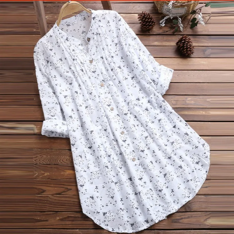 

2024 spring and summer new women's shirt cotton and linen floral narrow collar mid-length loose shirt home commuting casual top