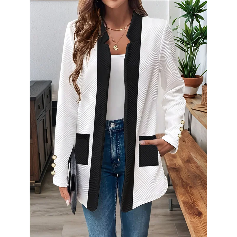 P5-Long Sleeve Notch- طوق أبيض وأسود اللون مطابقة سترة الزي للنساء الأساسية خريف شتاء
