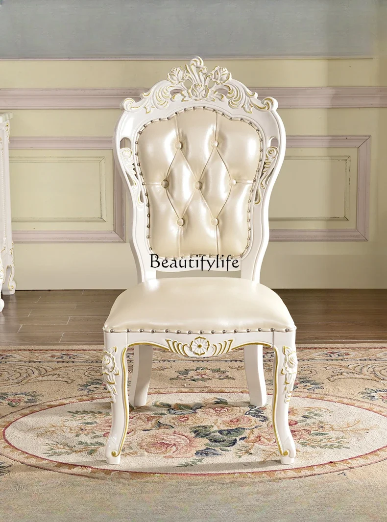 D33European leather jacket dining chair American solid wood carving white casual light luxury dressing chair