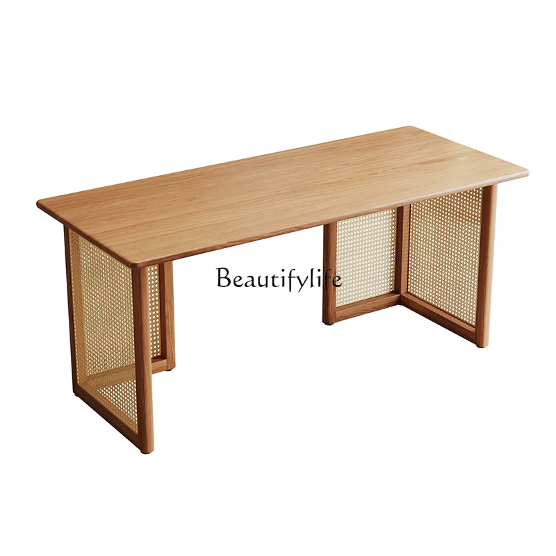 

All solid wood desk rattan Nordic home writing table simple drawer locker