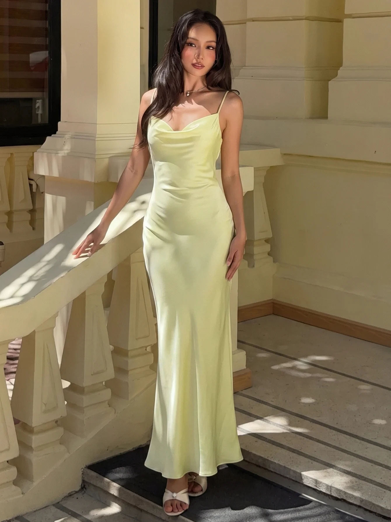 Dulzura Women'S Sexy Backless Lace Up Spaghetti Strap Long Dress Solid Elegant Slim Fit Mermaid Dress Evening Party Prom Clothes