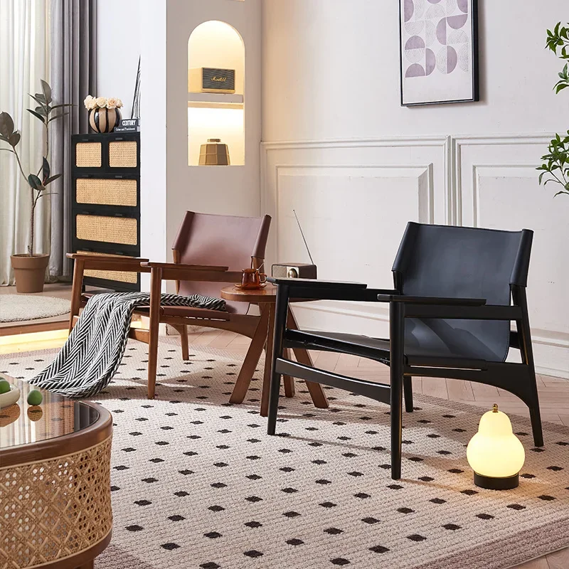 Nordic solid wood sofa chair living room designer high-quality saddle leather leisure chair