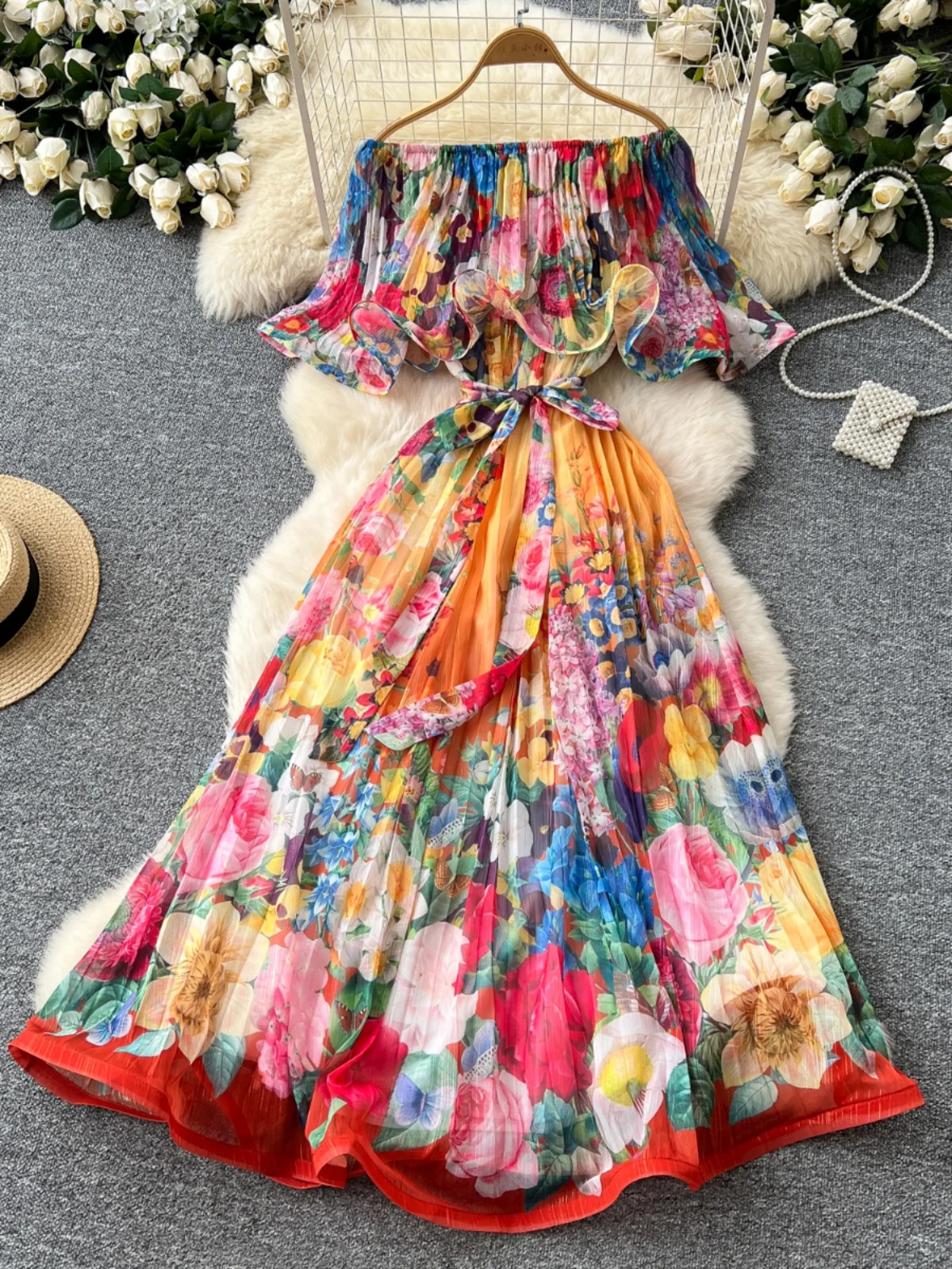 Holiday Style One Shoulder Pleated Bright Thread Printed Women's Long Skirt Spring High Waist A-Line Midi Dress Korean Version