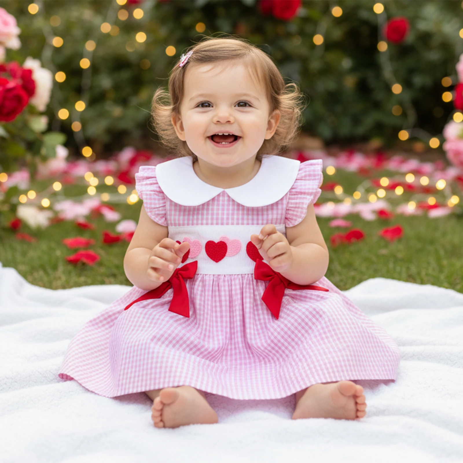 FOCUSNORM 0-5Y Toddler Baby Girls Valentines Days Dress Cute Heart Embroidery Smocked Flying Sleeve Plaid Dress