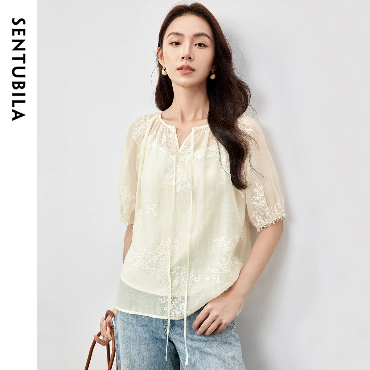 

SENTUBILA Chiffon 2 Piece Set Basic Vest Top Embroidery Lace-up O Neck Short Sleeve Casual Loose Fit Ladies Blouses 152V59025