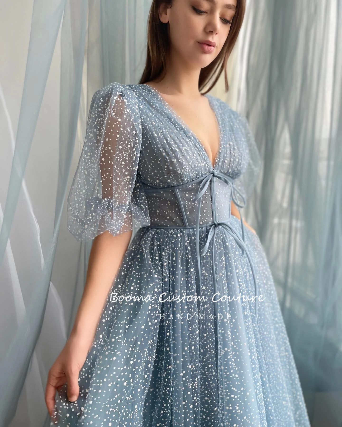 Booma Blue Dotted Tulle Midi Prom Dresses V-Neck Half Puff Sleeves Tea-Length A-Line Wedding Party Dresses Formal Evening Gowns