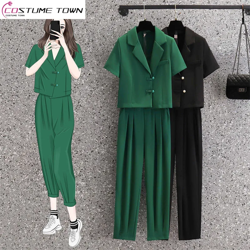 2023 Summer Vintage Chinese Style Short-sleeved Jacket Blazer Casual Pants Two-piece Elegant Women\'s Pants Suit Office Outfits