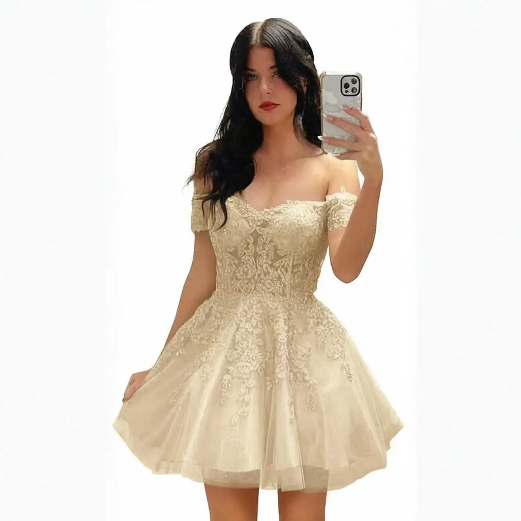 

Off Shoulder Lace Appliques Homecoming Dresses for Teens 2025 Beaded Short Prom Party Dresses Lace Up Back