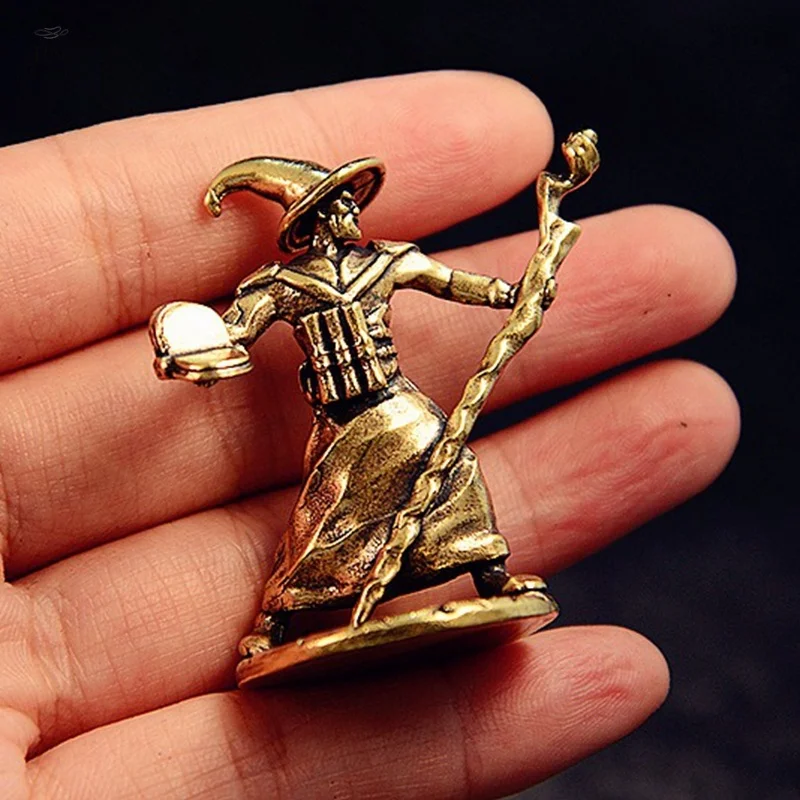 ​​Mystic Sorcerer Brass Statue - 4.3cm Hand-Patinated Figure with Twisted Staff Wax Cast Fantasy Decor Collector's Miniature