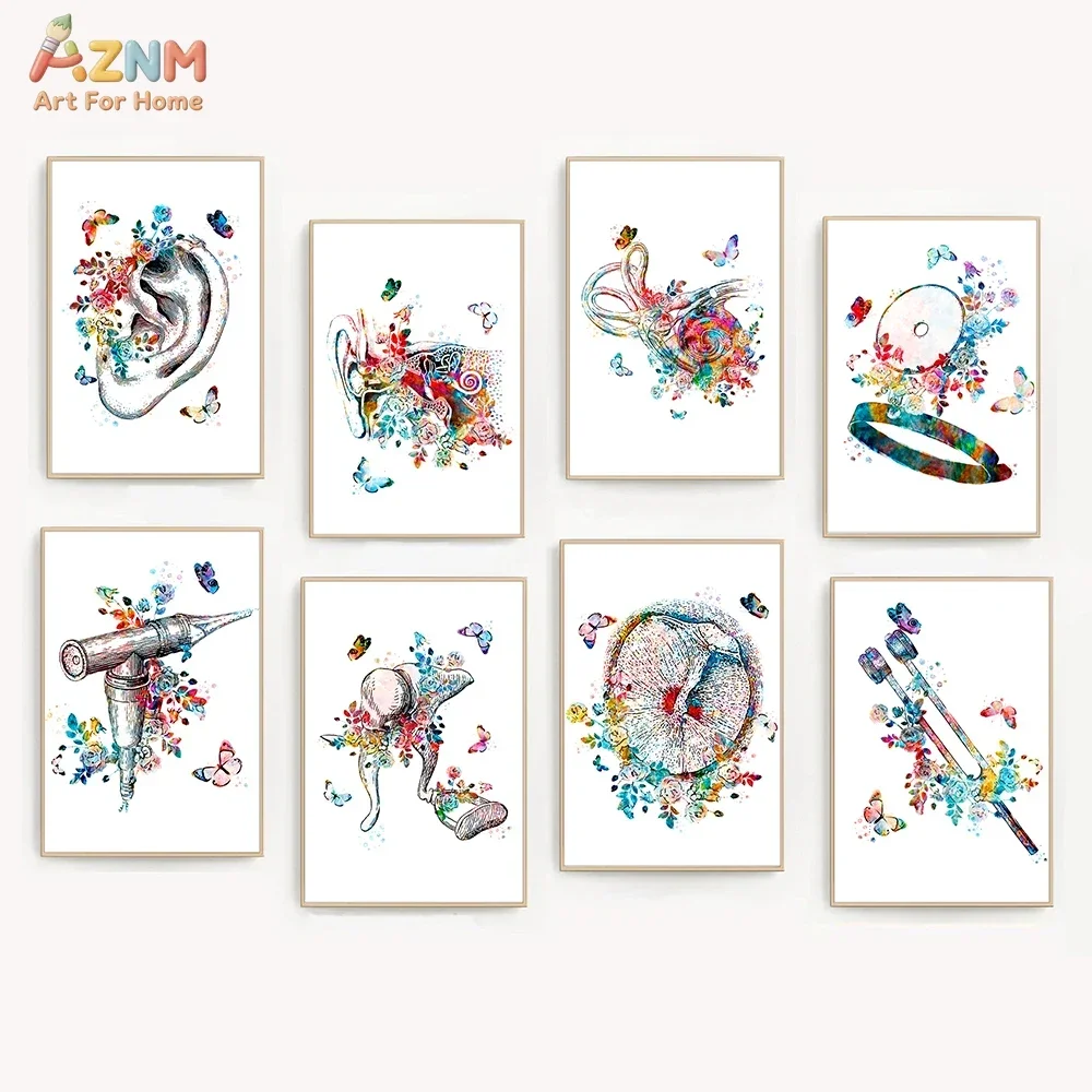 AZNM Audiology Anatomy Canvas Wall Art Watercolor Ear Cochlea Hearing Instrument Butterfly Poster Print Audiologist Clinic Decor