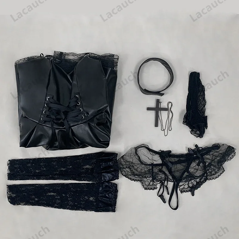 Anime Death Note Misa Amane Cosplay Kostuums Imitatie Lederen Sexy Tube Tops Kanten Jurk Uniform Outfit Roal Play Pruiken Halloween