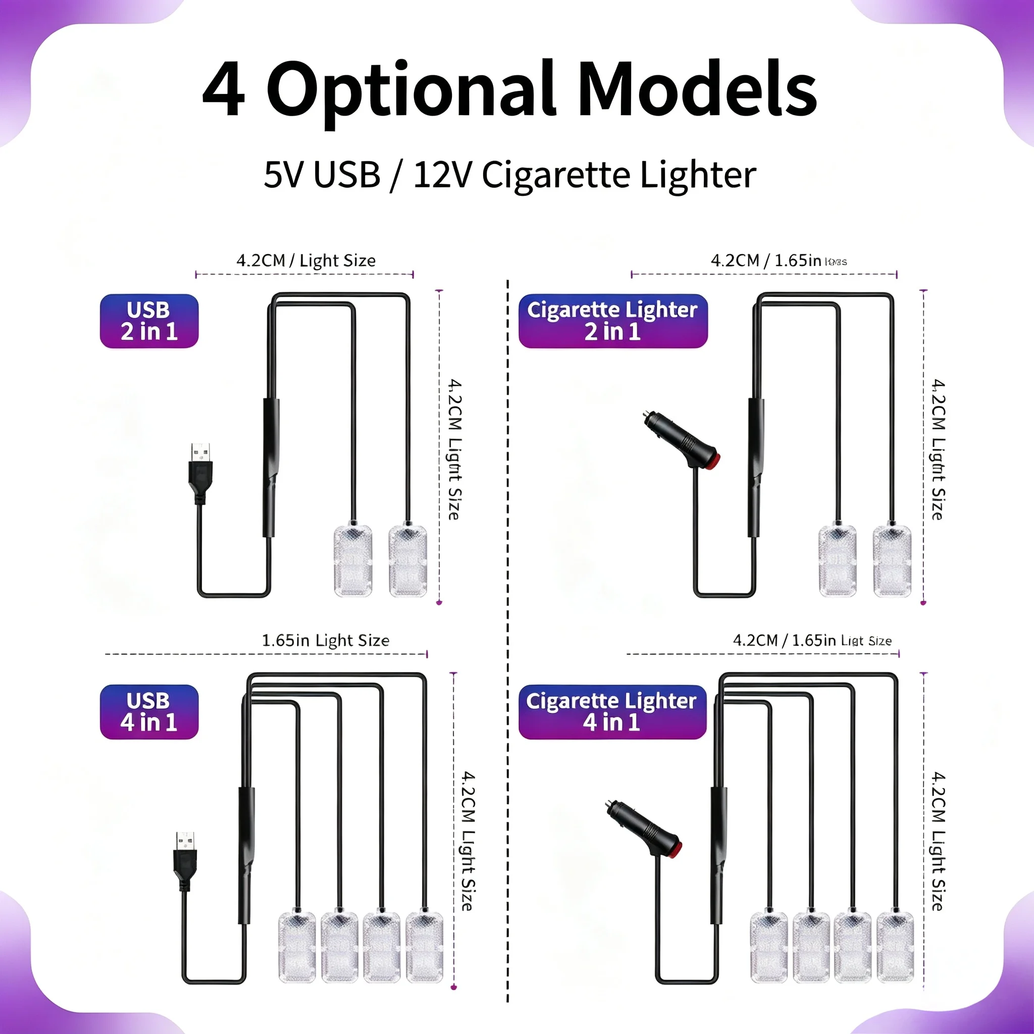 USB Cigarette Lighter Ice Blue Foot LED Ambient Light, Car Interior Atmosphere Lamp Decoration Accessories Kit