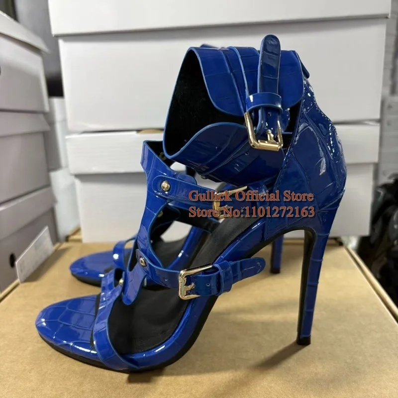 Royal Blue Patent Leather High Heel Sandals Women Pointed Open Toe Cutout Ankle Wrap Stiletto Heels Nightclub Party Shoes view 2