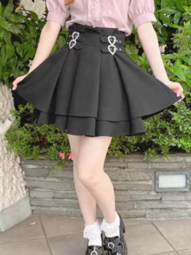 Sweet High Waist Slimming Double-Layer Mini Skirt for Women 2023 Summer New Japanese Love Decorative Lolita Style Black Skirt