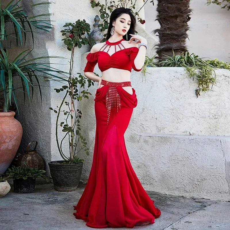 

belly dance costume sexy off shoulder top+tassel fishtail skirt 2pcs Oriental dance professional performance clothes 2025 Hot