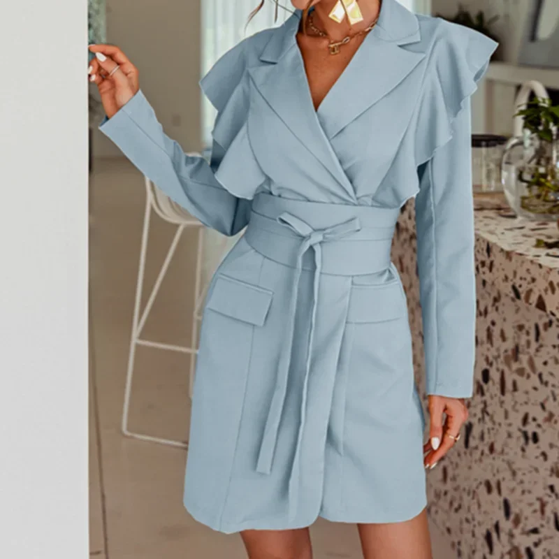 Winter Autumn Chic Yellow Long Sleeve Blazer Dress Bodycon Female Elegant Ruffles Bandage Short Dress Party Club Dress Aesthetic