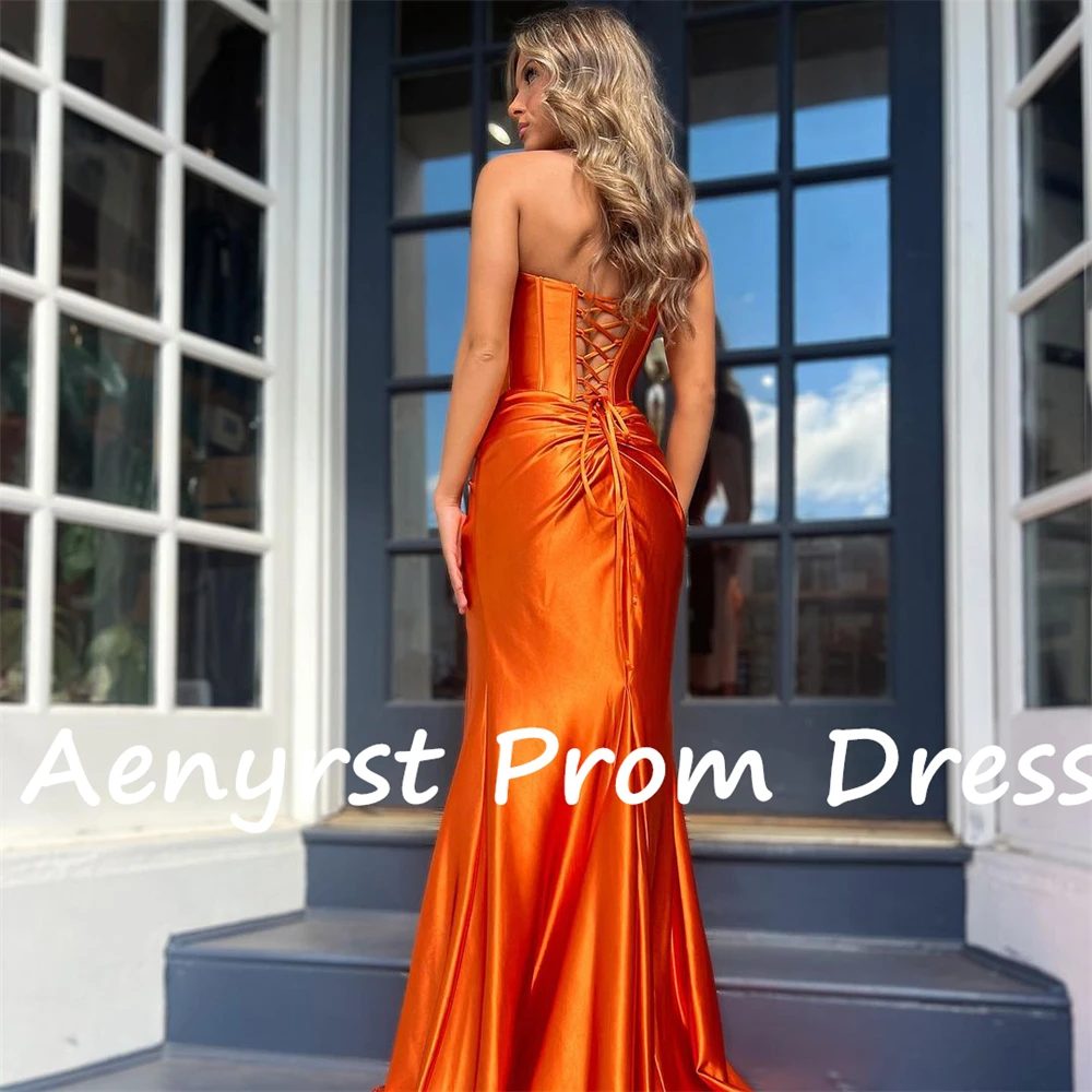 Aenyrst Orange Strapless Corset Mermaid Prom Dresses Women Satin Split Pleated Evening Gowns Floor Length customized Party Dress