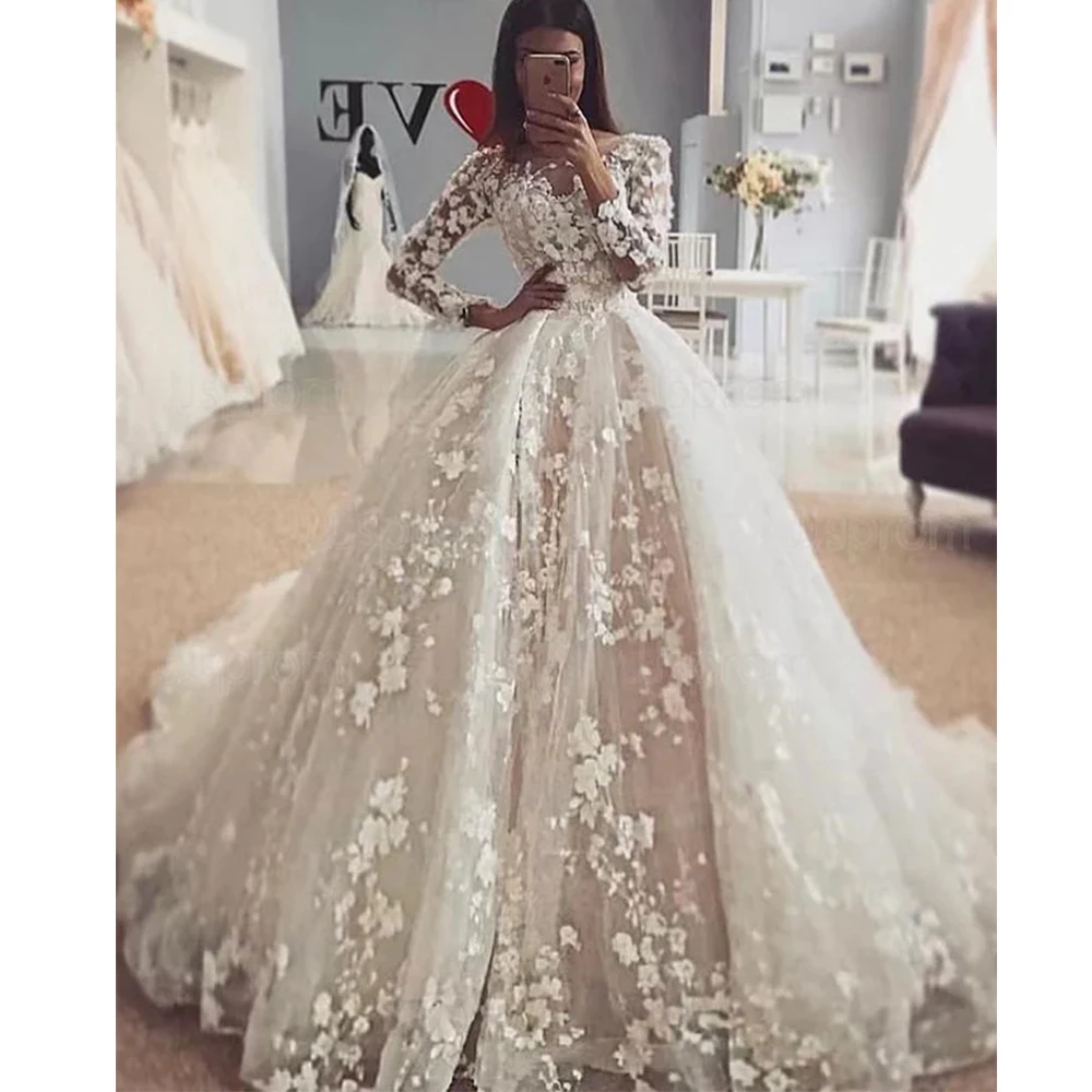 Gorgeous A-Line Sexy Lace Graceful Fluffy Princess Style Mopping Wedding Dresses New 2023 Beautiful V Neck Long Sleeve Luxury