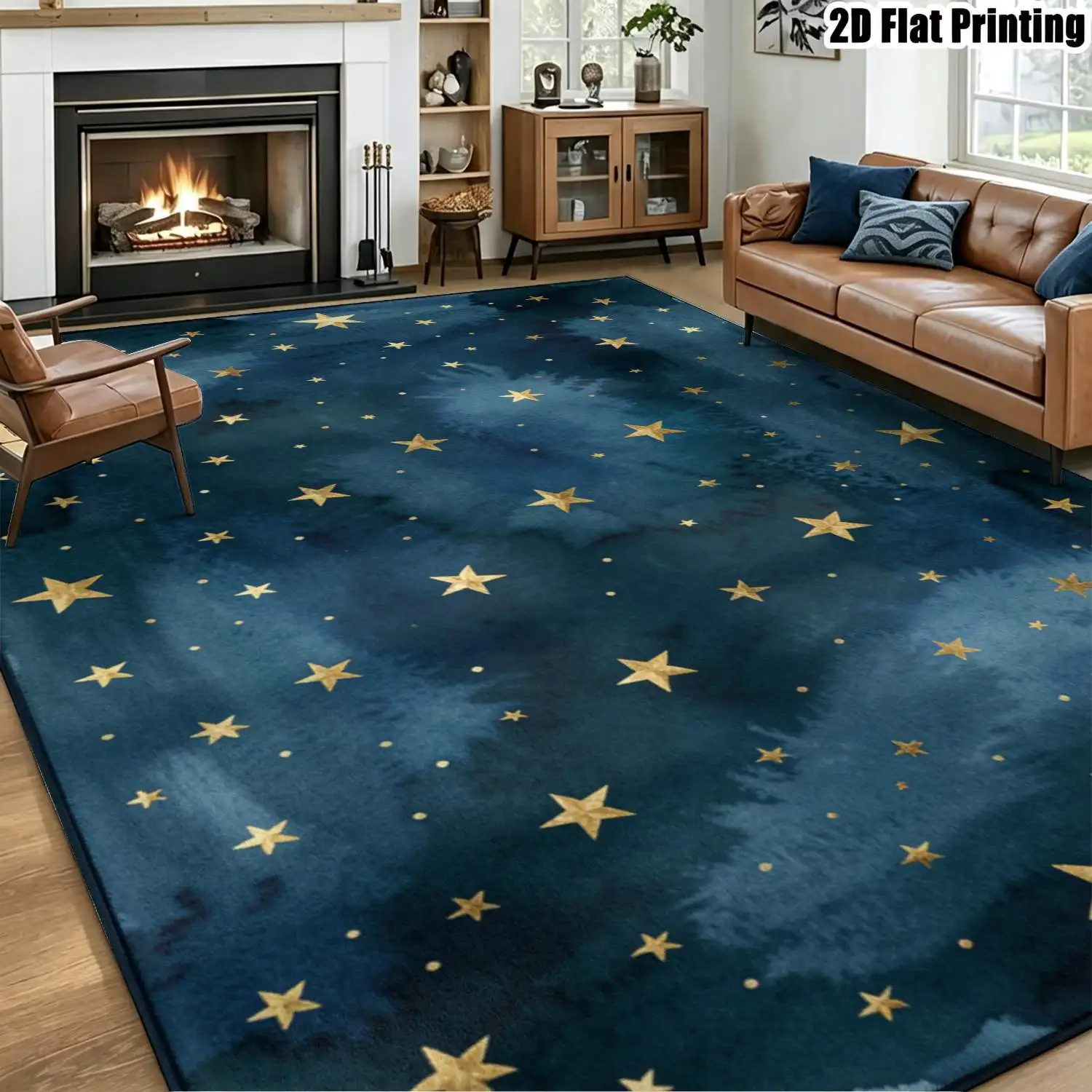 1Pc 2D Printed Navy Blue Gold Star Carpet, Instagram-Style Modern Minimalist Home Decor, Machine Washable, Multi-Size, for Bedroom, Living Room, Dining Room, Entrance, Foyer, Study