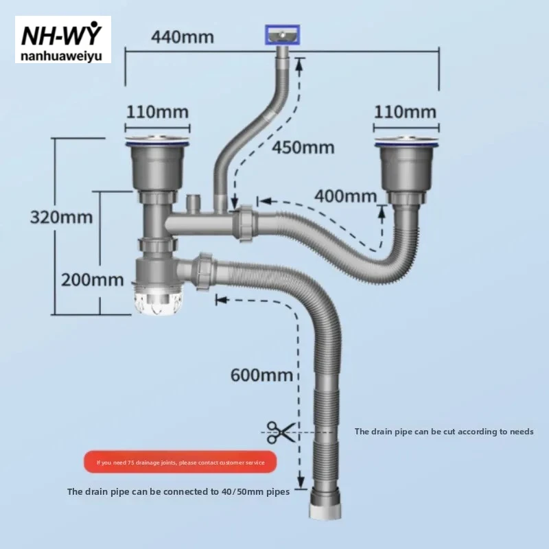 Kitchen Sink Drain Kit Complete Single Double Bowl Anti-odor Three-way Adapter Wash Basin Drainage Fittings