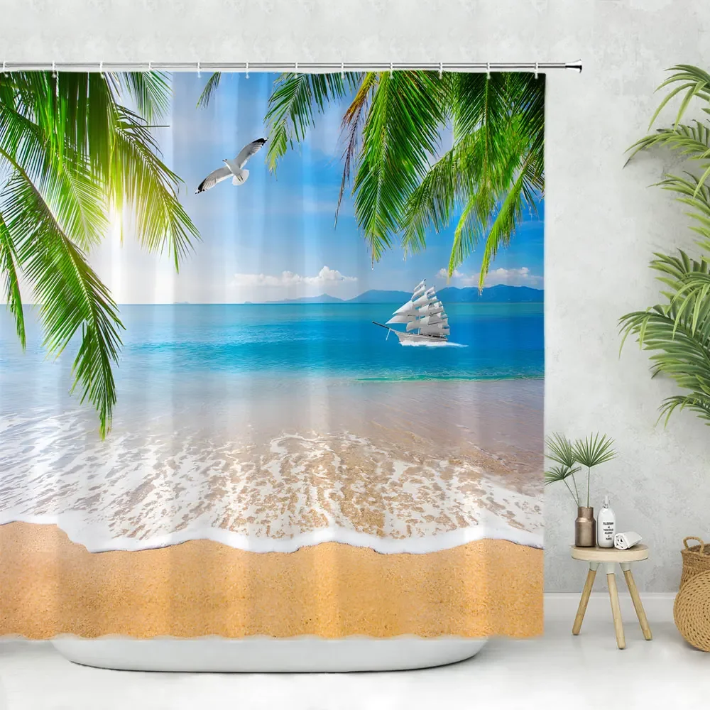 Seaside Scenery Bathroom Shower Curtain Tropical Ocean Beach Palm Tree Leaf Washable Shower Curtains Polyester Fabric Home Decor