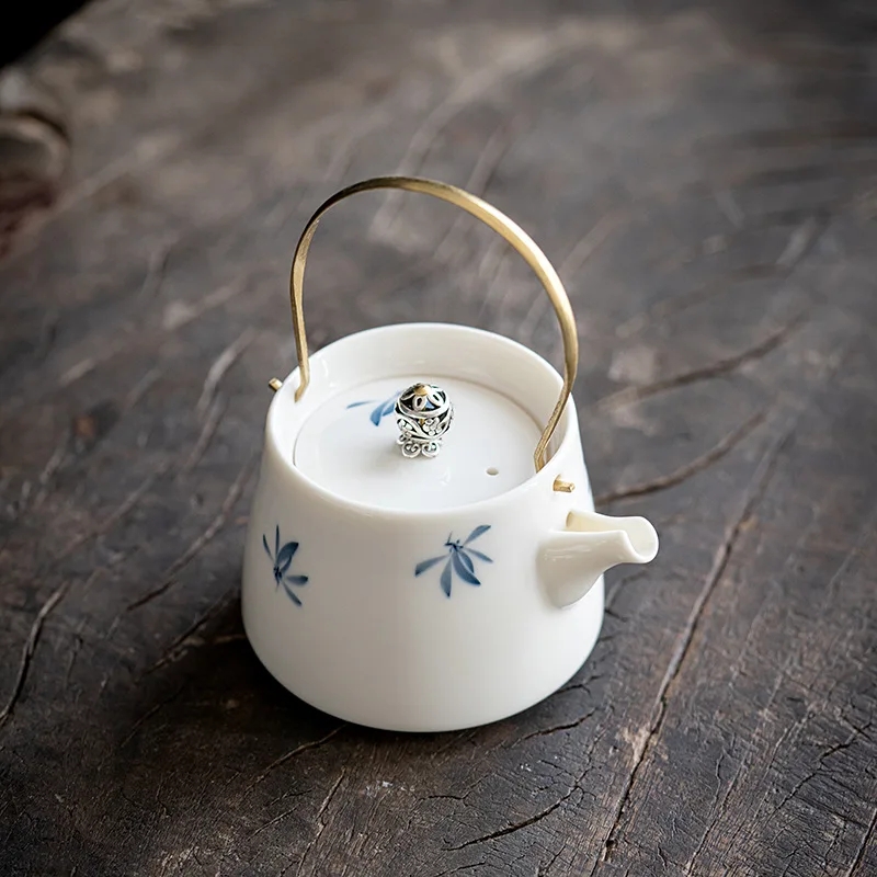 

Hand Painted Orchid Teapot with Handle & Filter, Ceramic Kungfu Tea Set for Home Brewing - Traditional Chinese Style Gift