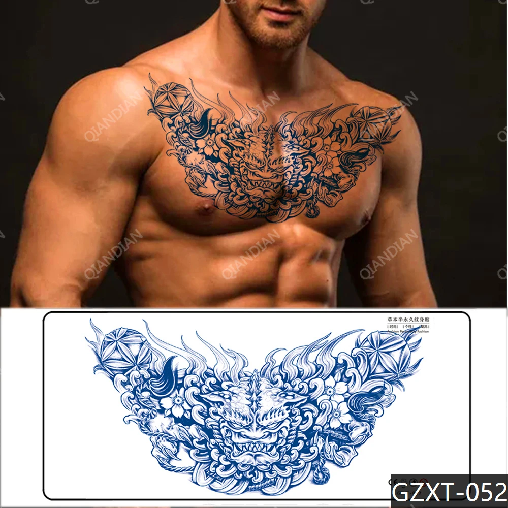 Semi-Permanent Men Juice Waterproof Temporary Tattoo Fake Sticker Chest Back Cool Art Wings Fashion Maori Heart Gun Totem