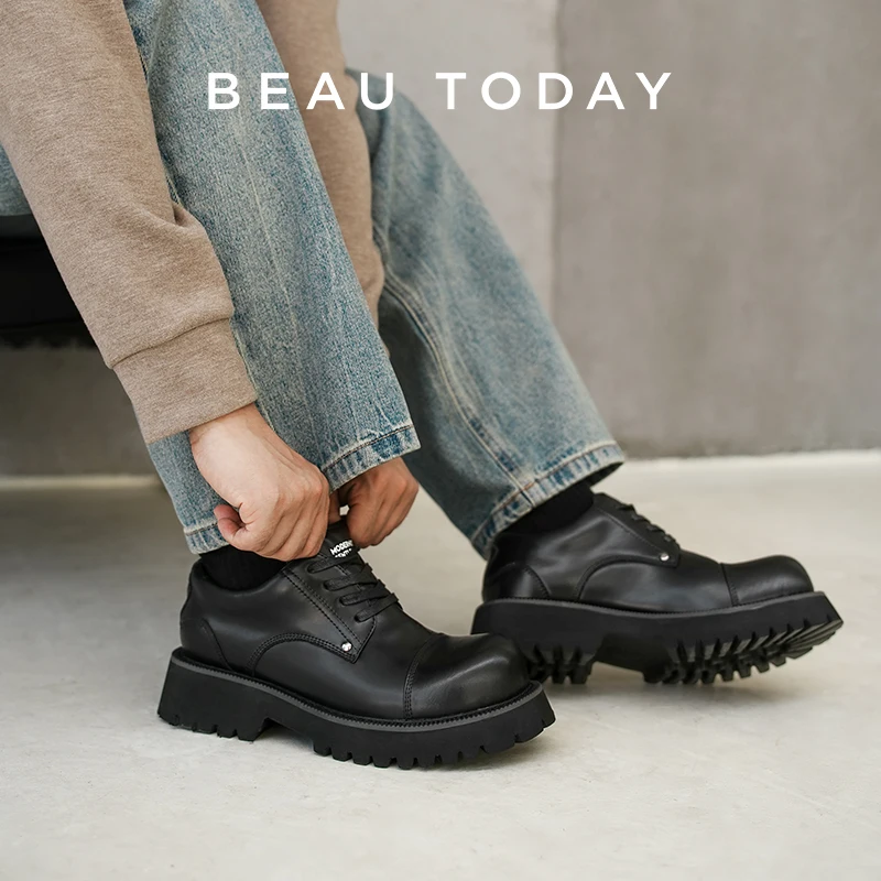 

BEAUTODAY Туфли дерби Мужские однотонные туфли из синтетической кожи с круглым носком в британском стиле Мужская обувь на платформе со шнуровкой ручной работы 55649