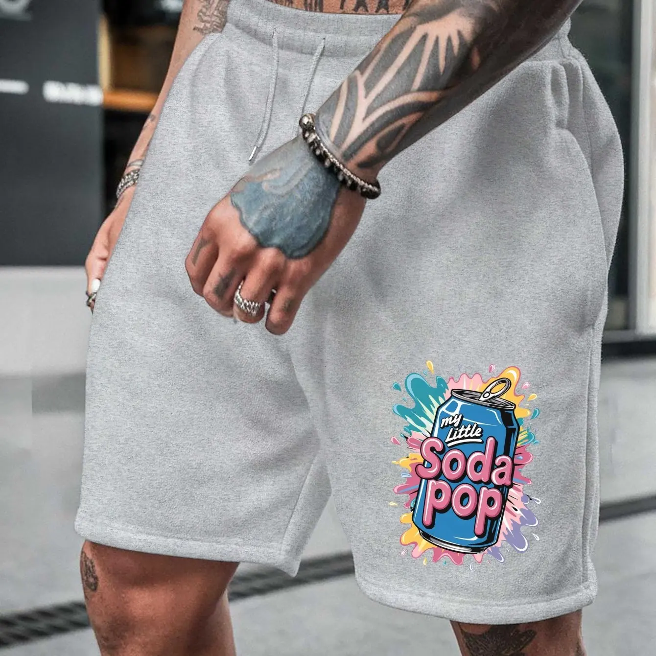 

Men's Soda Water Pattern Sports Shorts Lightweight, Breathable, Fitness and Street Style Shorts with Pocket Casual Shorts