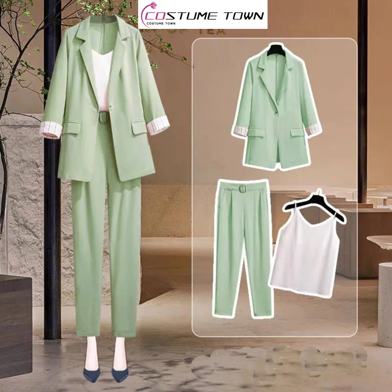 Korean Popular Spring New Thin Jacket Blazer White Vest Blouse Casual Pants Three-piece Elegant Women Pants Suit Office Outfits