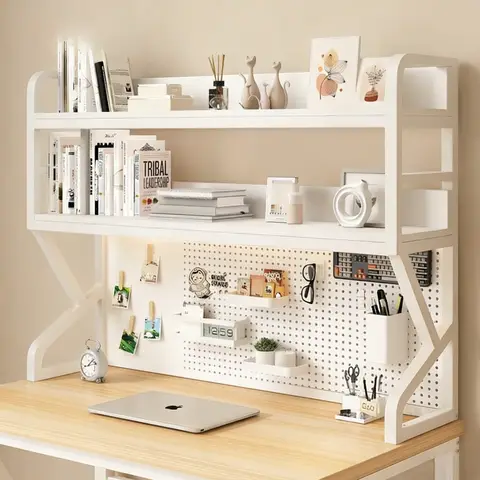 Desktop Storage Shelf with Pegboard Organizer, 2/3 Tier Computer Desk Riser Stand, Metal Frame Office Study Table Organizer Rack