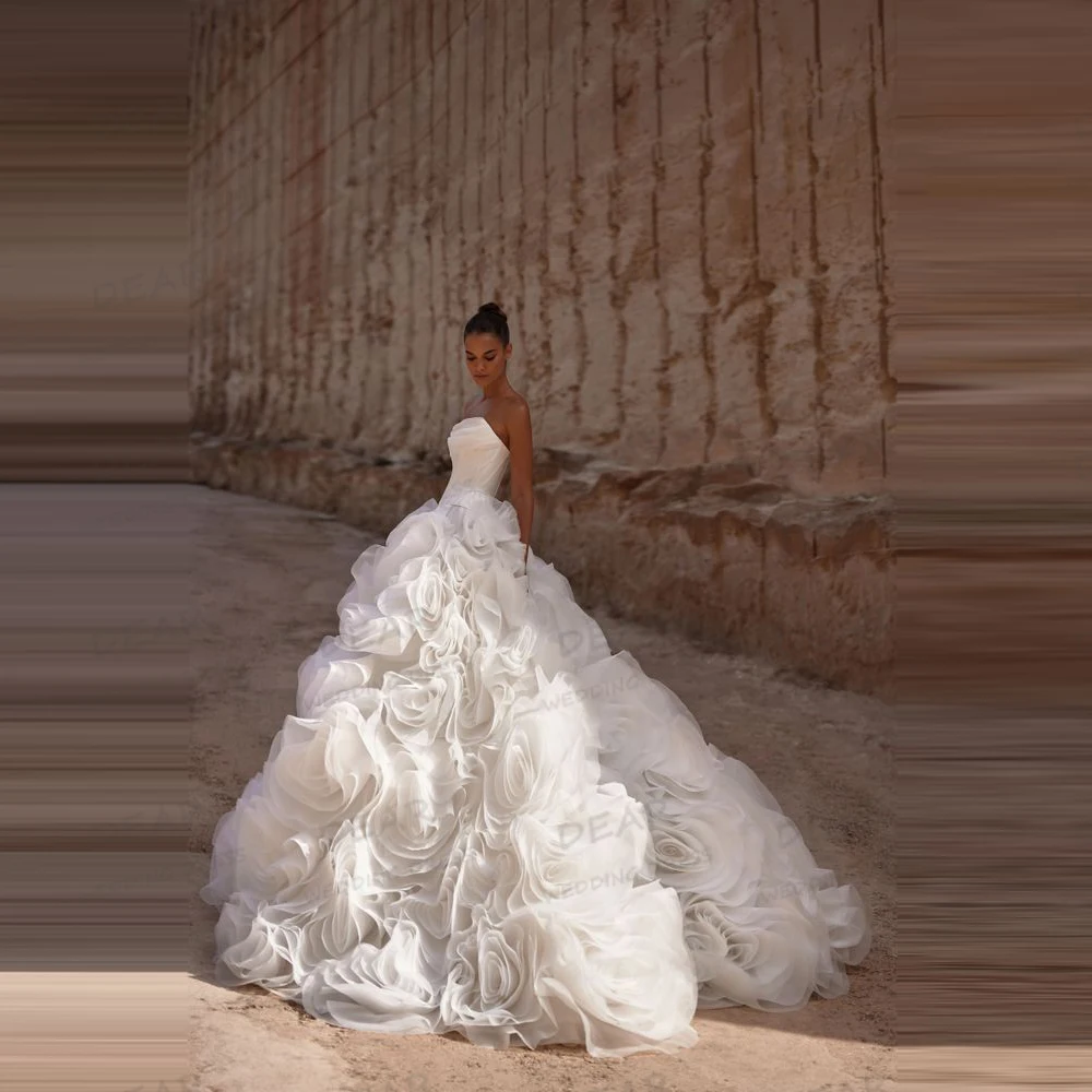 럭셔리 섹시 웨딩드레스 A라인 플러피 3D 꽃 여성 신부 드레스 민소매 베스티도스 데 노비아 맞춤 제작 2025 볼 가운
