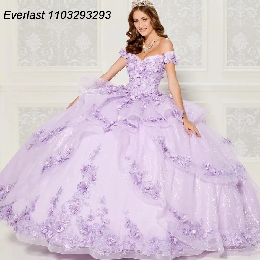 

EVLAST Shiny Lavender Quinceanera Dress Ball Gown 3D Floral Applique Beading Tiered Ruffles Sweet 16 Vestido 15 De Años TQD206