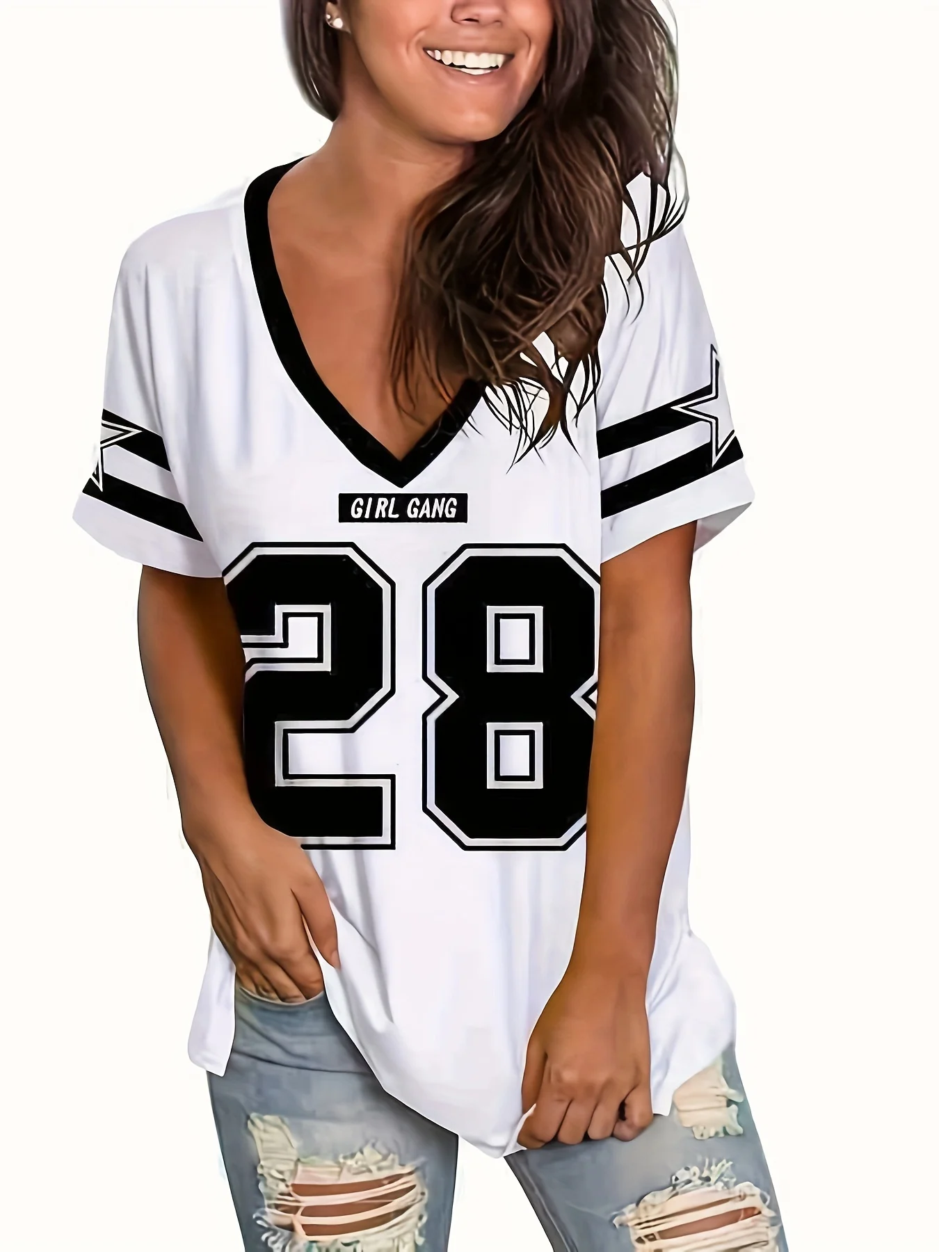 

Women's Printed T-shirt Size 28 Casual Sports Fashion Versatile V-neck Short-sleeved T-shirt Suitable for Adults and Children