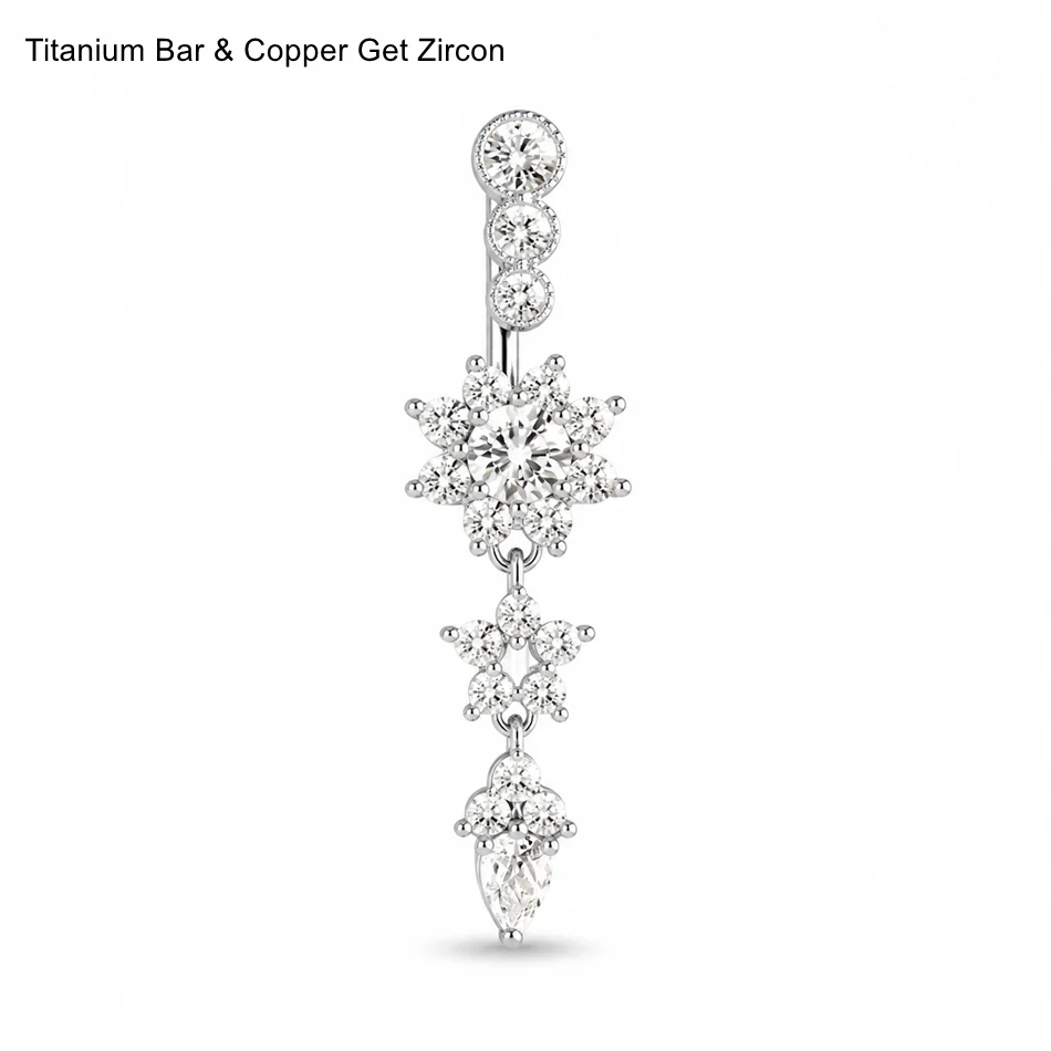 Women's Crystal Flower Navel Piercing Jewelry Body Dangle Barbell Bar Belly Button Ring 8mm 12mm 14mm 16mm Titanium Navel Curve view 6