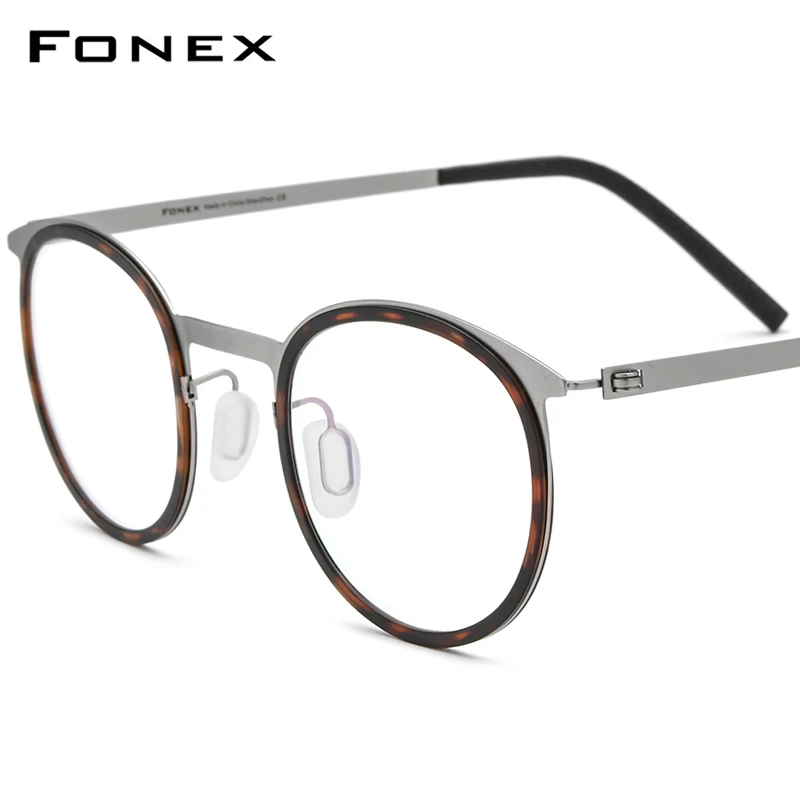 FONEX Acetate Alloy Glasses Frame Men Women Vintage Round Eyeglasses Screwless Korean Eyewear F1012