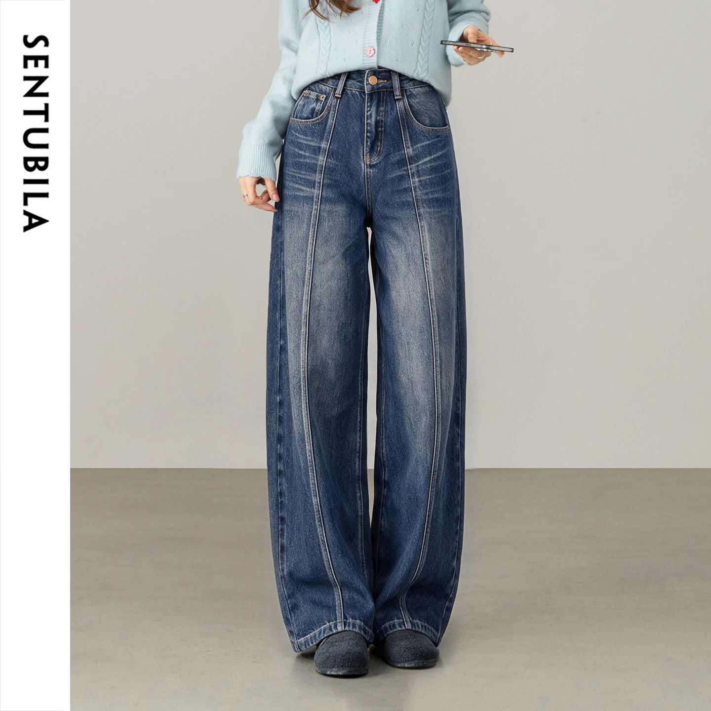 SENTUBILA Women's Denim Pants 2026 High Waist Curved Wide Leg Pants Loose Slim Daily Casual Commuter Winter Clothes W63NH9026