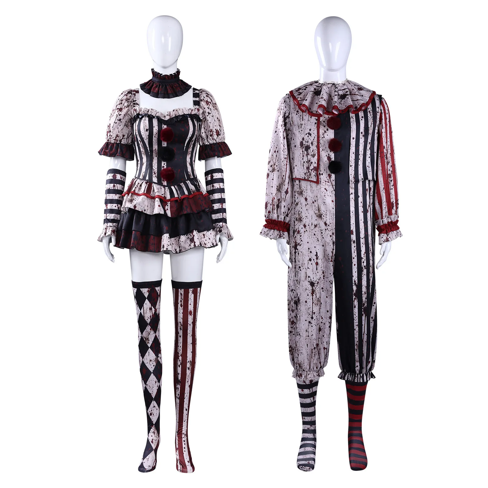Bloody Horror Clown Cosplay Costume Women Gothic Harlequin Cosplay Dress With Gloves and Stockings Halloween Carnival Outfit view 5