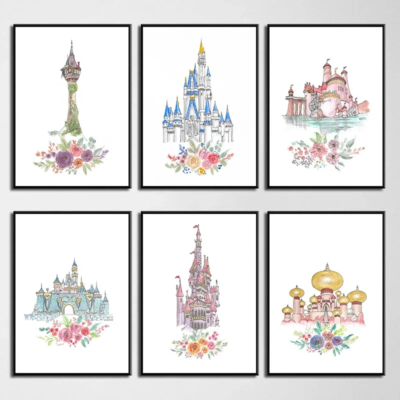 Watercolor Princess Castle Posters and Prints Canvas Painting Palace Wall Art Pictures for Baby Girl Room Nursery Deocr Cuadros