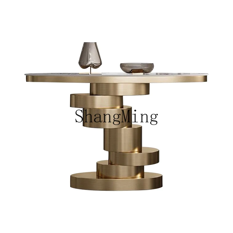 

HJ light luxury entrance table villa foyer wall table home creative stainless steel rock slab end view table