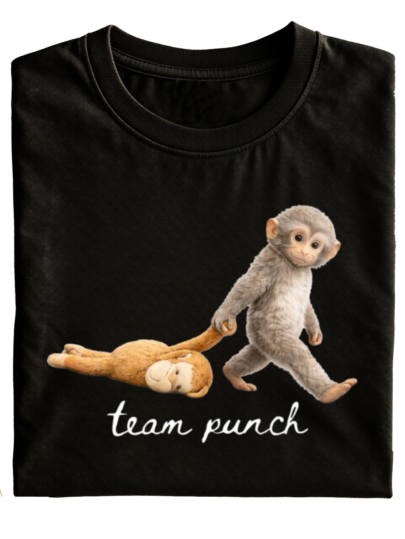 Casual Black T-Shirt Featuring a Humorous Design of a Monkey Pulling a Stuffed Animal, Labeled 'Team Punch'. Ideal for Everyday Wear And a Great Holiday Gift, Made from for And Style, Plus Size