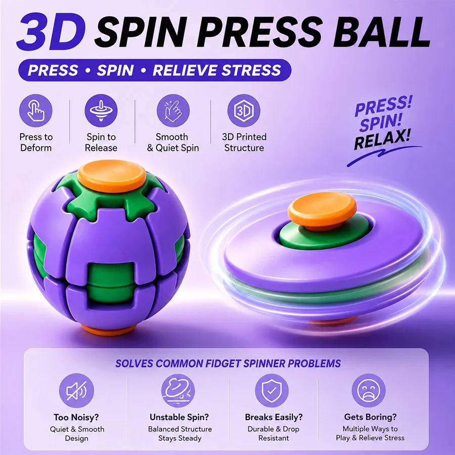 3D Printed Fidget Spinner Ball Press & Spin Stress Relief Toy Squeeze Deformable Fingertip Gyro Mini Portable Anxiety Relief Toy